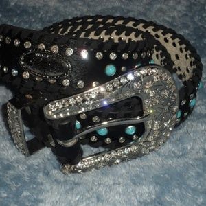 Turquoise Bead and Rhinestone studded western belt